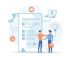 contract agreement concept, people shake hand and standing on a signed contract. flat vector modern illustration