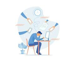 Multitasking and Time Management Concept. Business Man Surrounded by Hands with Office Things. flat vector modern illustration