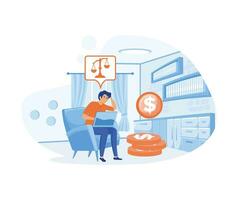 Depressed young man sitting on a chair reading a document and thinking about finding money for paying bills. flat vector modern illustration