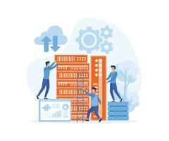 Business people in data center room, Data network management. hosting server and computer database, flat vector modern illustration