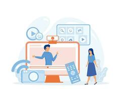 Modern television technology,  Smart TV, content, applications. Network connected interactive device. Internet TV, flat vector modern illustration