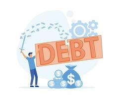 Cut debt - Businessman cutting the word debt with a sword, Money flying around. Reduce, slice and get rid of debt. flat vector modern illustration