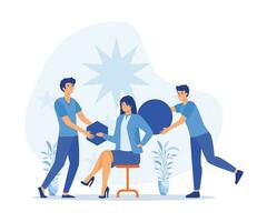 Concept of teamwork. Team or colleagues work together on creative project. People organize abstract geometric shapes scattered around them. flat vector modern illustration