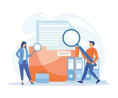 File manager, data storage and indexing, Workers searching file. employee uses magnifying glass.flat vector modern illustration