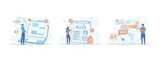 Blog promotion mistake. Inefficient SEO optimization. Ineffective keywords analysis. Content production without SEO content audit. set flat vector modern illustration