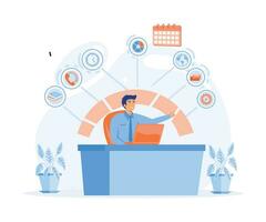 Multitasking, time management and productivity concept. Happy businessman with multitasking skills sitting at his laptop with office icons on a background. flat vector modern illustration
