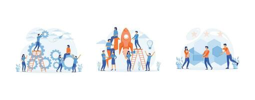 mechanism teamwork. People challenge teamwork up, Co working and problem solving, set flat vector modern illustration