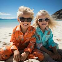 Two blond kids with sunglasses having fun on sandy beach, created with generative AI photo