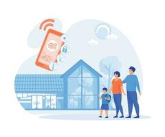 inteligente hogar aplicación con controlar sistema, eco casa en el antecedentes y familia posando, plano vector moderno ilustración