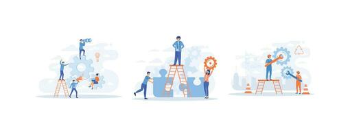 Team of businesspeople working with industrial gears, collaborating, solving problems, thinking about creative idea,  set flat vector modern illustration