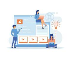 Blog Creation concept, Blog authors writing articles. Freelance writers with laptops creating social media content. flat vector modern illustration