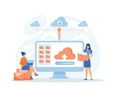 technology file upload backup on cloud server storage concept. team administrator and developer working with computer monitor. flat vector modern illustration