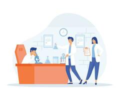 Scientific research concept, two men and woman working at science lab. Laboratory interior, equipment and lab glassware. flat vector modern illustration