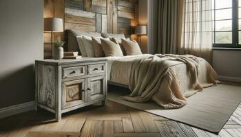 A modern bedroom designed with farmhouse aesthetics. A rustic bedside cabinet made of weathered wood stands prominently next to a bed adorned with beige pillows. AI Generative. photo