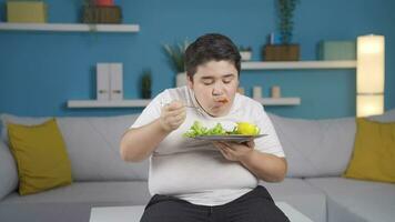 obesità ragazzo mangia salutare verdure e prende contento. video