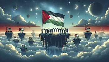 Illustration of a group of silhouetted individuals on a floating island high above the clouds, waving the flag of Palestine.  AI Generated photo