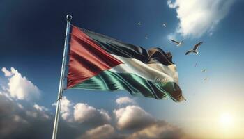 The Palestine flag stretched out with a brilliant blue sky in the background and birds flying nearby. AI Generated photo