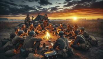 A group of soldiers from various genders and descents, gathering around a campfire in the midst of a battlefield. They share stories, and find solace in camaraderie as the sun sets. AI Generated photo