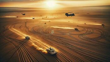 A photo depicting a strategic military operation with tanks and ground forces coordinating, while helicopters provide aerial support in the golden hour. AI Generated