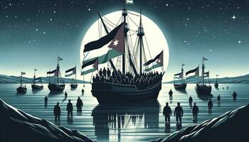 ilustración de un reunión de silueta cifras en el cubierta de un de madera Embarcacion navegación mediante un vasto mar, cada uno participación el bandera de Palestina. ai generado foto