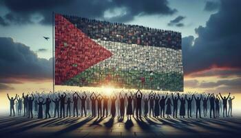 Render of a gathering of people, depicted as silhouettes, each holding a part of the flag of Palestine, creating a mosaic of unity and strength against a twilight sky. AI Generated photo