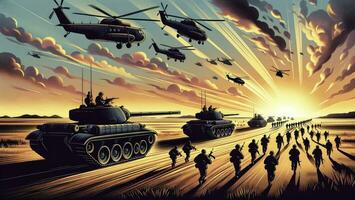 An illustration of a wartime scene with tanks and soldiers on a flat landscape, with hovering helicopters casting shadows during sunset. AI Generated photo