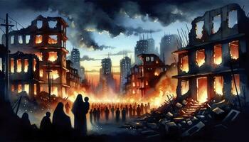 acuarela pintura de un destruido ciudad, destacando el contraste de iluminado por el fuego restos en contra el crepúsculo cielo, con siluetas de desplazado personas en el primer plano. ai generado foto