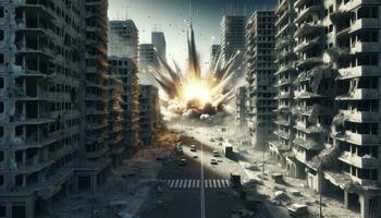 A render of an urban war zone with a significant explosion emphasizing the relentless nature of warfare. AI Generated photo