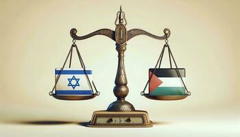 Balance scale, with one side holding the flag of Israel and the other the flag of Palestine, teetering in a delicate equilibrium, symbolizing the fragile balance of power and peace. AI Generated photo