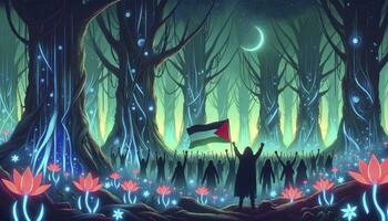 ilustración de silueta cifras dentro un místico bosque, todas levantamiento el bandera de Palestina. imponente antiguo arboles con luminiscente flores rodear a ellos. ai generado foto