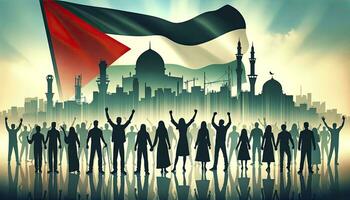An illustration of silhouetted figures waving the flag of Palestine, with a serene background. AI Generated photo
