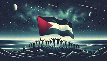 Illustration of a group of silhouetted individuals on a rocky coastline, each waving the flag of Palestine. The backdrop showcases the vast ocean, with the night sky. AI Generated photo