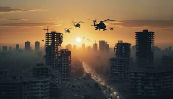 A photo capturing a cityscape at dusk with damaged structures and helicopters silhouetted against the setting sun. AI Generated