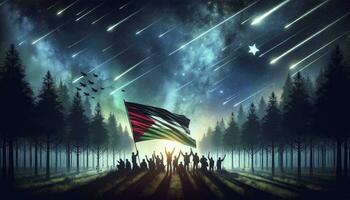 Illustration of silhouetted figures positioned on a forest clearing, all raising the flag of Palestine. The canopy above opens up to reveal a brilliant night sky. AI Generated photo