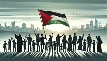 Illustration of multiple silhouetted figures of various ages and genders, united in their stance, waving the flag of Palestine.  AI Generated photo