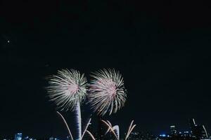 vistoso fuegos artificiales en el cielo en nuevo años víspera, rituales a Bienvenido nuevo año en cada esquina de el mundo, fuegos artificiales celebrando nuevo años víspera Bienvenido el nuevo año. foto