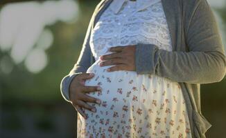 contento embarazada mujer soportes frotamiento su grande barriga cariñosamente a su hogar. joven mujer el embarazo disfruta futuro vida maternidad y el embarazo simbolizar nuevo vida. Fertilidad el salud de el feto. foto