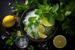 Making a refreshing mojito cocktail. Mint, lime, ice on dark wooden background. Copy space. Generated by artificial intelligence photo