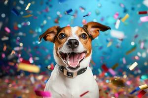 linda perro celebrando cumpleaños, papel picado que cae foto