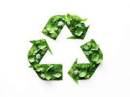 Green recycling  symbol with green leaves. Ai generative. photo