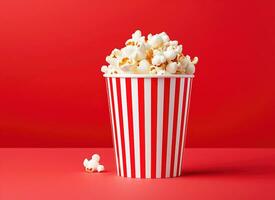 Popcorn bucket on red background. Ai generative. photo