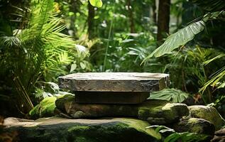 Natural stone  podium in Natural green jungle background photo