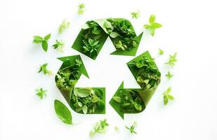 Green recycling  symbol with green leaves. Ai generative. photo