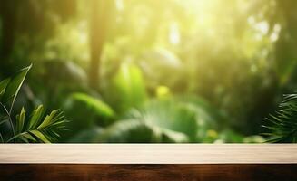 Wooden table with  defocused forest background photo
