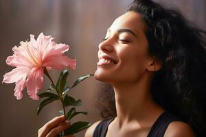 joven hermosa niña con rosado flor. ai generativo foto