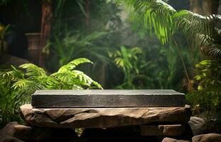 Natural stone  podium in Natural green jungle background photo