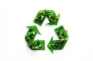 Green recycling  symbol with green leaves. Ai generative. photo