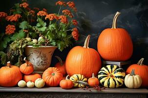 Happy Thanksgiving Day background, wooden table decorated with Pumpkins. Ai generative. photo
