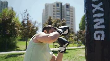 The boxer man punches the punching bag with ambition as he beats it. video