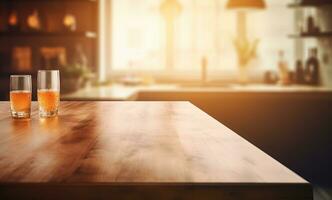 Empty brown wooden table and blur background. Created with Generative AI photo